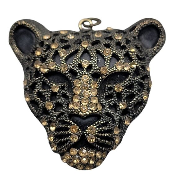 Leopard Panther Pendant Black Metal Gold Tone Texture & Rhinestones Stunning - Picture 3 of 13
